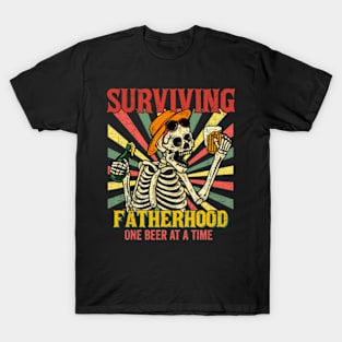 Surviving Fatherhood One Beer At A Time, Dad Bod, Fatherhood, Funny Skeleton Dad, Best Dad Ever T-Shirt